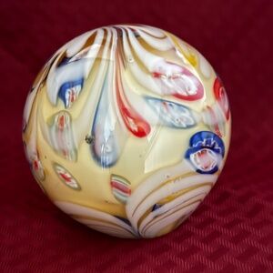 Vintage Murano Style Art Glass Swirl Millefiori Blue Red Yellow 4” Paperweight